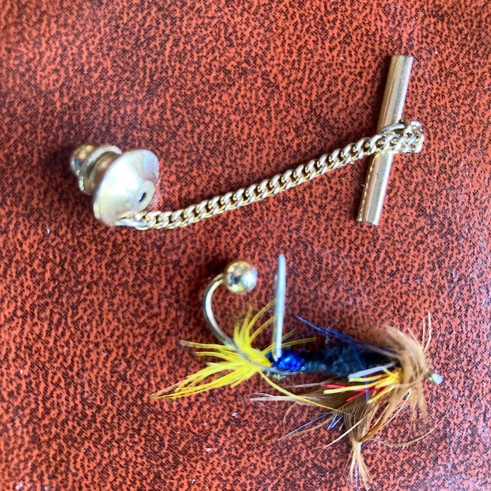 Vintage Fly Fishing Lure Tie Tack – Hand Tied Trout Fly Tie Tac w/ Chain –